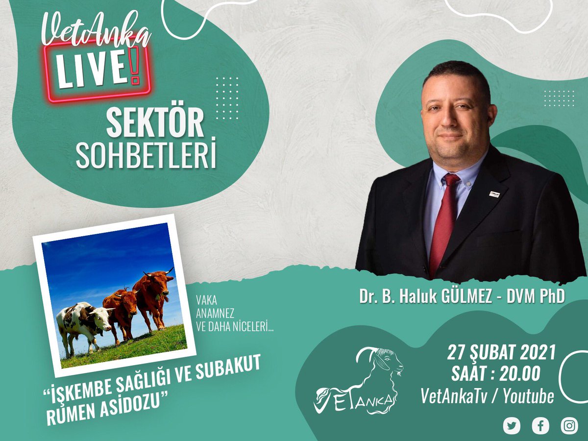 #VetAnkaLiveSektörSohbetleri etkinliğimizin beşincisi ile karşınızdayız. 27 Şubat 2021 Cumartesi günü Sayın Dr. Bülent Haluk Gülmez Hocamız bizlere “İşkembe Sağlığı ve Subakut Rumen Asidozu” konusundan bahsedecek.Hepinizi VetAnkaTV Youtube kanalımıza bekliyoruzz. 👀💫🐐 #vetanka