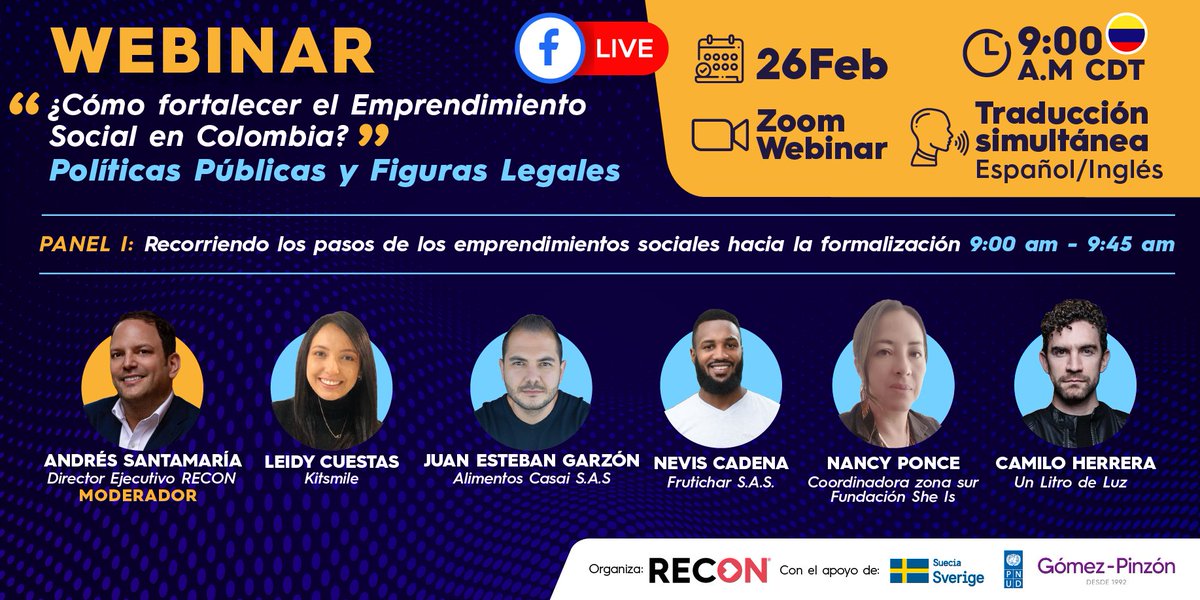 Recon_Col's tweet photo. Emprendedores Sociales, conozcan de los pasos y experiencias de otros innovadores que han avanzado en la formalización
#WebinarRecon Figuras legales y políticas públicas: ¿Qué necesita el Emprendimiento Social en Colombia para su fortalecimiento?
📣https://t.co/6FnUTSGfDV https://t.co/GTUB7sSuOZ