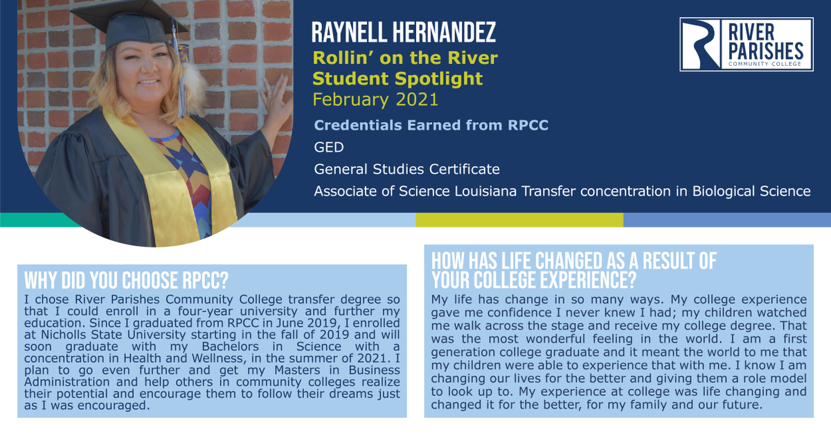 RiverParishesCC's tweet photo. We're excited to announce a new monthly campaign - our #RiverMadeReady Student Spotlight! Our first #StudentSpotlight is Raynell Hernandez! Be sure to read to see why Raynell chose RPCC, and the impact her college experience has had on her life. https://t.co/oNfgo4VPN8