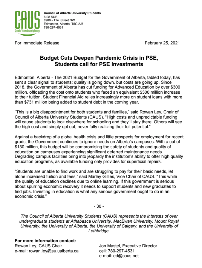 We aren't surprised by today's cuts to post-secondary, but we're deeply disappointed. Today the government took a fiscal deficit and turned it into an irreparable skills and demographic deficit. 
TL;DR:
✂️180M from operations
📉130M from facilities
#abpse #ableg

Our statement ⬇️