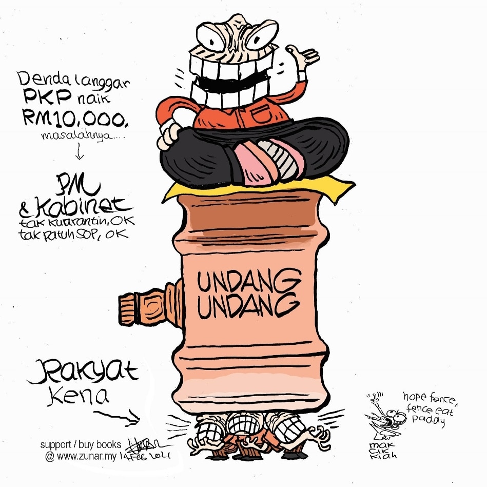 zunarkartunis's tweet image. Langgar PKP, denda RM10k!
Problemnya hanya rakyat yang kena..
Support buy cartoon books @www.zunar.my.
PLEASE SHARE
#pkp2021 #kompaun #darurat2021