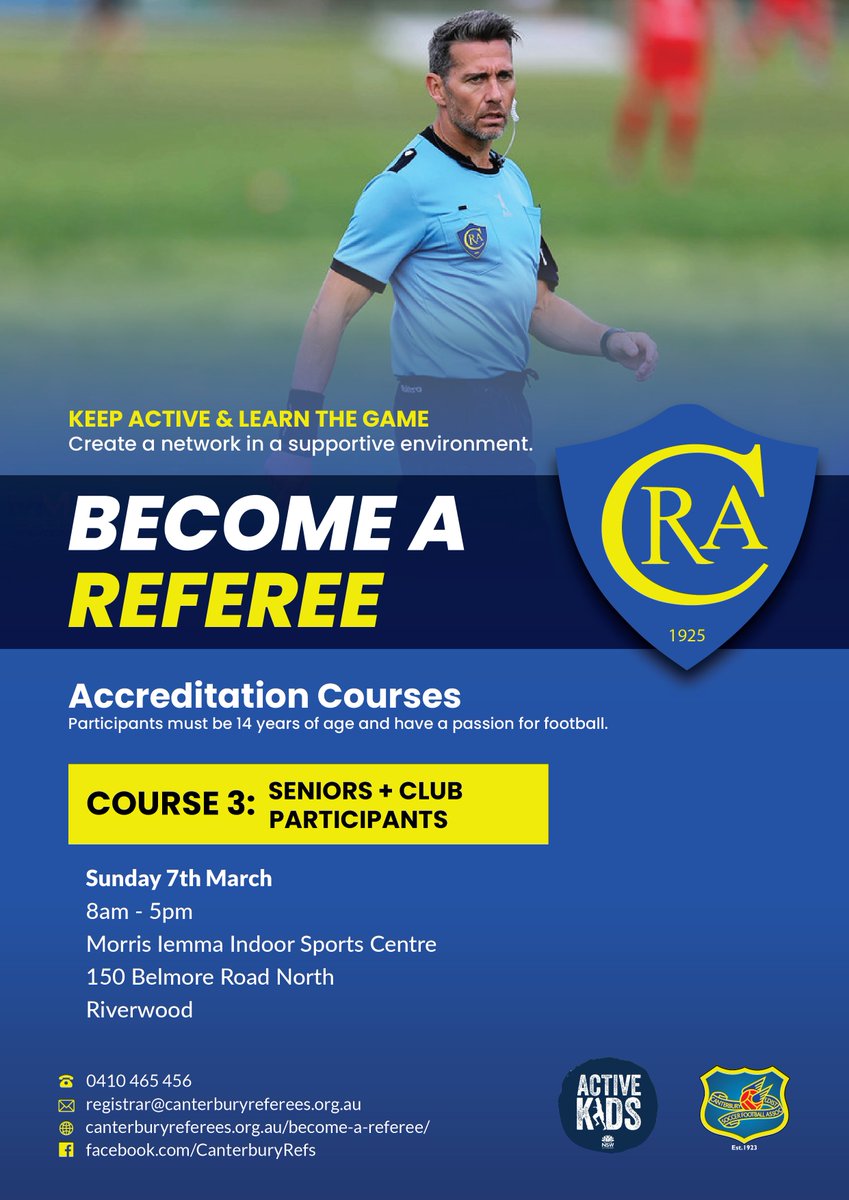 CanterburyRefs's tweet photo. Our level 4 referee course on Sunday, 7th of March will now be held at the Morris Iemma Indoor Sports Centre, Riverwood.

Register here > https://t.co/CwFKPtyDx1 https://t.co/ki9lRe5E1c