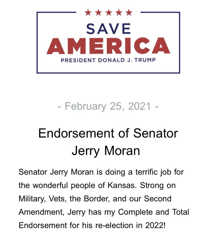 A message from President Donald J. Trump endorsing <a href="/JerryMoran/">Senator Jerry Moran</a> for re-election: