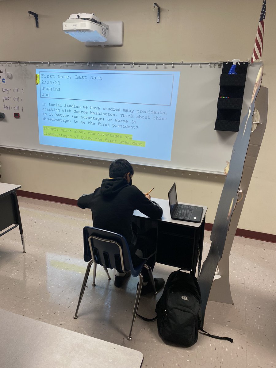 I never thought my students would love a cardboard cutout this much. Our writing prompt was about George Washington so this student moved him next to his desk for inspiration 😂