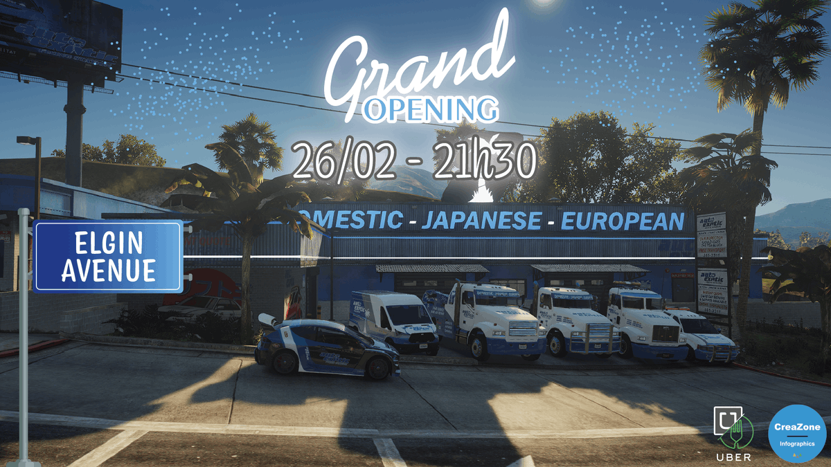 Auto_Exotic1's tweet photo. Retrouvez nous aujourd'hui à 21h30 sur Elgin Avenue, pour l'inauguration de notre nouvelle marque et garage principal, @Uber_SADoJ  sera sur place pour la distribution gratuite !

Profitez également de 15% sur le custom et de 5% sur toute notre concession pour l'occasion ! https://t.co/bIwtXFHsqV