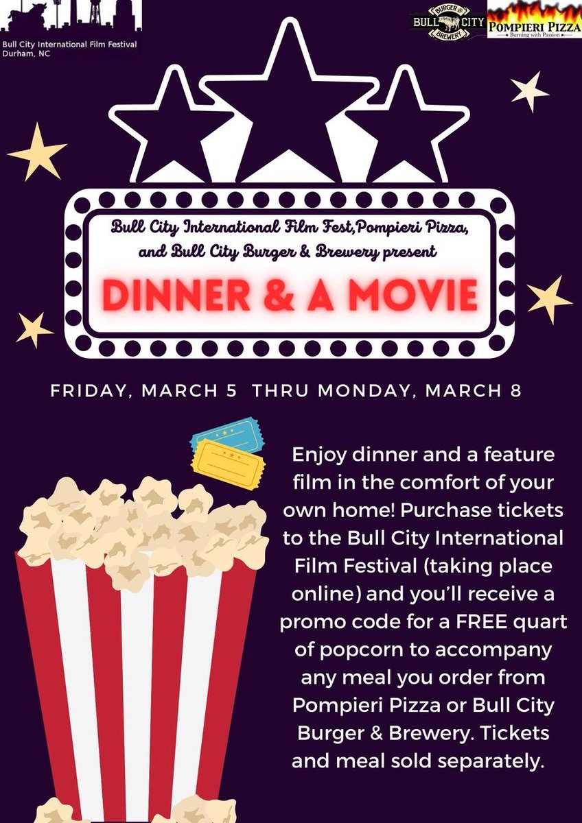 Pompieri Pizza facebook.com/PompieriPizza and Bull City Burger &amp; Brewery facebook.com/BullCityBurger are offering a special deal! Buy a Virtual All Access Pass and get a free quart of popcorn to accompany any meal purchased from Pompieri Pizza or Bull City Burger bit.ly/BullCityFilmFe…