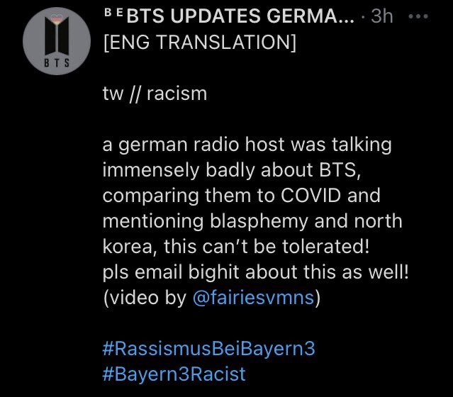 dumplingvmin's tweet photo. tw // racism

for those who are just starting to wake up, and dont know what is happening, a german host on a radio show said disturbing racing comments, and any form of racism shouldn't be tolerated, rt to spread awareness #Bayern3Racist #RassismussBeiBayern3 https://t.co/Q13jc523Rx