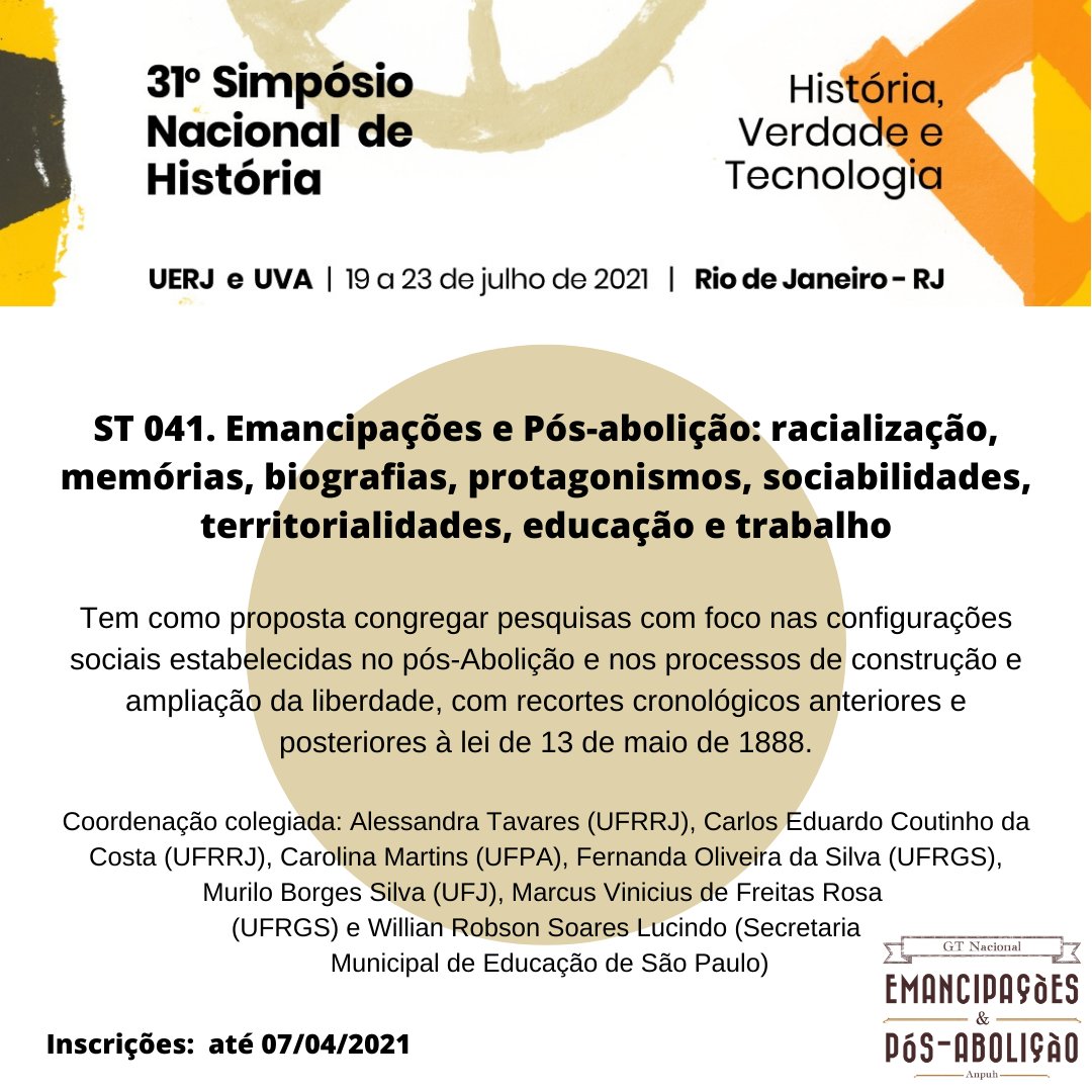 gtepanpuh's tweet photo. Estão abertas as inscrições para os Simpósios Temáticos do GT Emancipações e Pós-Abolição no 31º Simpósio Nacional de História. Ressaltamos que o GTEP aguarda a redução do valor das inscrições, em apoio às reivindicações da Federação do Movimento Estudantil de História. https://t.co/SHa7ym1pdt