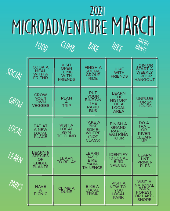 GVSURecWell's tweet photo. Introducing our newest outdoor opportunity: Microadventure March! While small in scale, microadventures have a big impact on overall health and wellness. Throughout the month of March, play a bingo game and win prizes! Join us at https://t.co/7or3fp6CES

#GVGetOA #LNT https://t.co/wYwx1JiJ6d