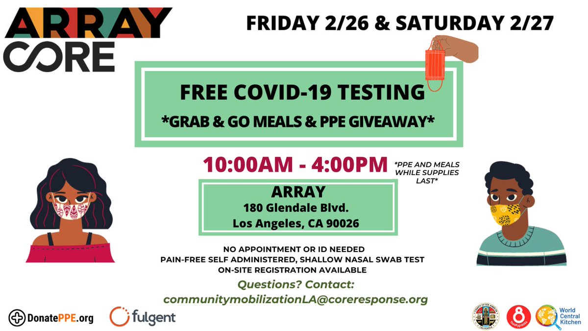 ARRAYNow's tweet photo. Visit the ARRAY Campus this Friday, 2/26 or Saturday, 2/27 to receive a FREE COVID test! Thank you @COREResponse for joining us in providing tests for the local community. No Appointment or ID needed! 

PPE + Grab &amp; Go meal Giveaways while supplies last. See flyer for details! https://t.co/I5TuP2GXOB