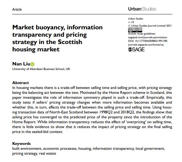 USJ_online's tweet photo. Latest article by Liu shows that there is little evidence that #InformationTransparency reduces the impact of #PricingStrategy on the final selling prices in the Scottish #housing market https://t.co/KIIvMRCVZH https://t.co/PlornONtJq