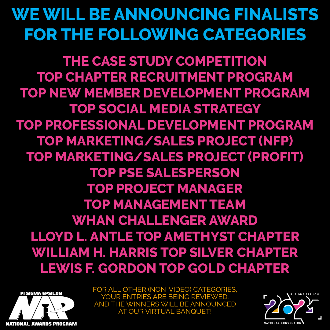 We will be announcing the Finalists and Participants for the 14 categories requiring video submissions in our next round.  Our other categories are still in review, and the winners will be announced at our Virtual Banquet! #PSEConv21