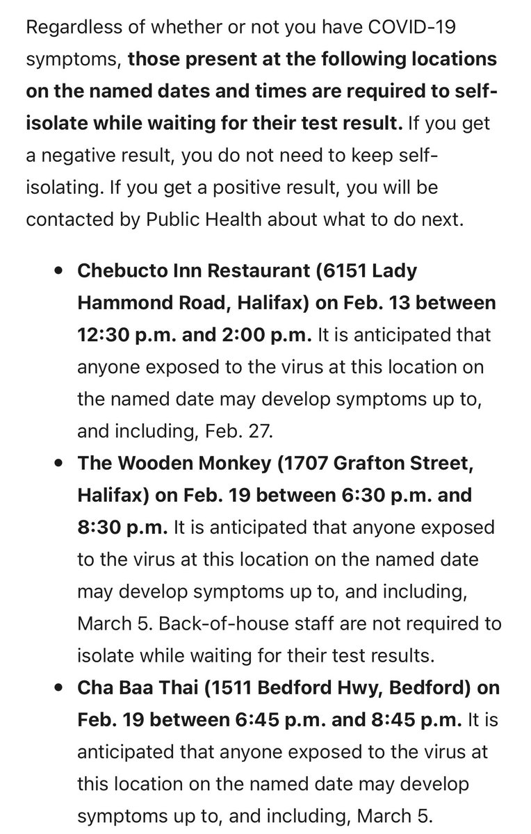 Nova Scotia Health is advising of the potential exposure to #COVID19NS at 5 locations in Central Zone, with 4 locations in Halifax and 1 in Bedford.

For 3 of these locations, you are required to self-isolate while waiting for your test results regardless of symptoms.