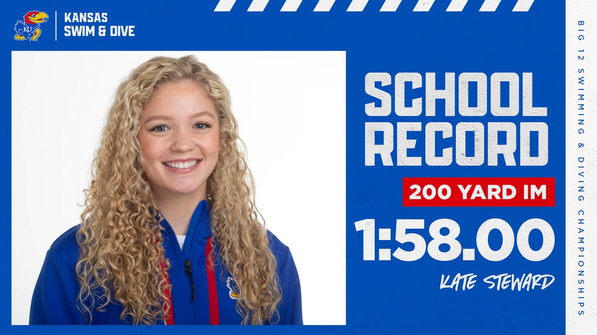 KUSwimDive's tweet photo. 🚨 School Record 🚨 #KUswimdive

Kate Steward sets the KU school record in the women's 200 yard IM, finishing in 1:58.00! https://t.co/YGncnwJaRL