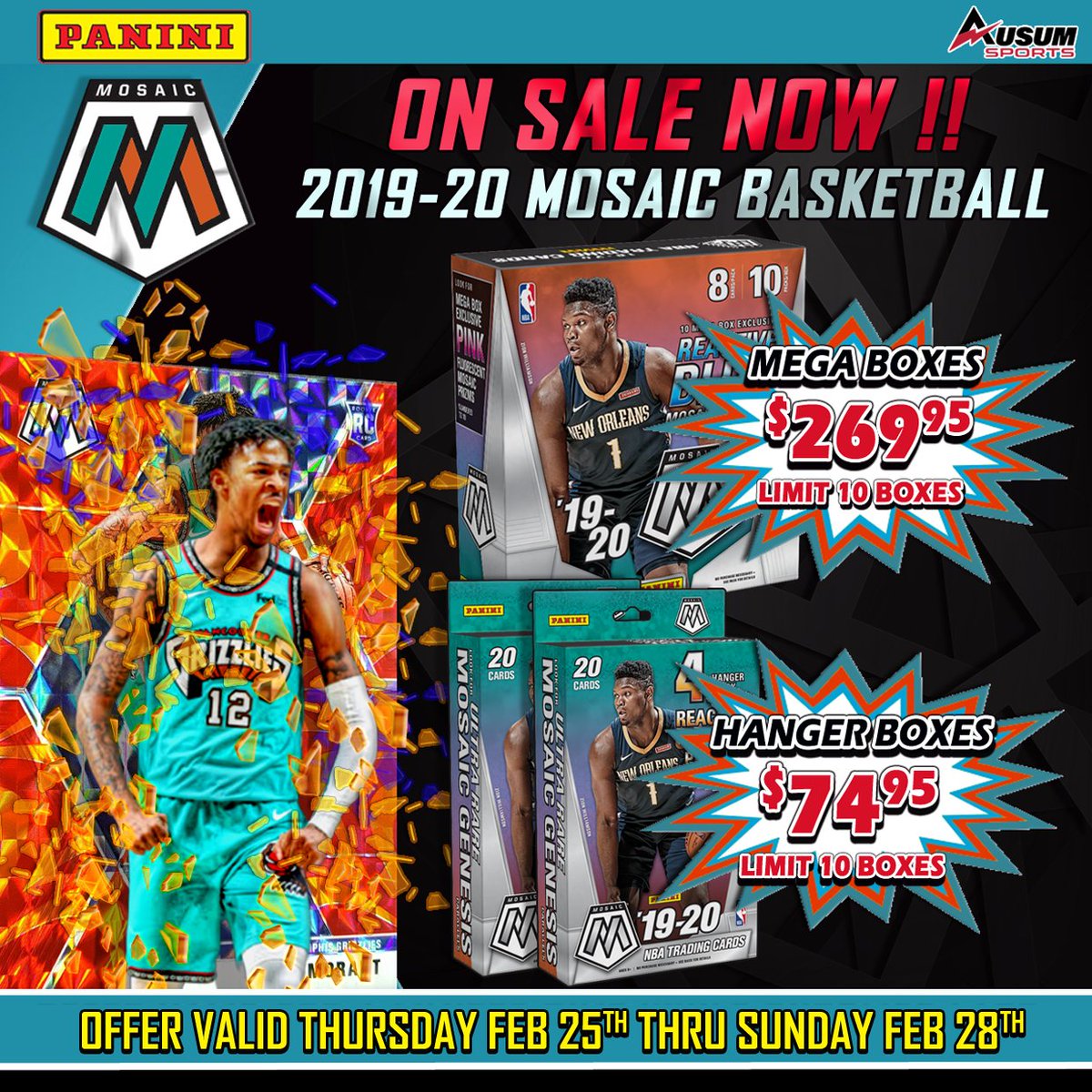 ausumsports's tweet photo. Did you pick up your 2019 Mosaic Basketball Mega and Hangers yet? Limit 10 While supplies last! Today through Sunday 2/25 - 2/28 Get it before they are all gone!
https://t.co/JdVprfGtVP https://t.co/h0cQKaM8nj