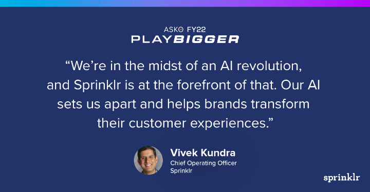 NehaSaxena5's tweet photo. "We’re in the midst of an AI revolution, and Sprinklr is at the forefront of that. Our AI sets us apart and helps brands transform their customer experiences." - @VivekKundra, @Sprinklr COO at our annual sales kickoff. 🚀 
#SprinklrPlayBigger https://t.co/jfx1PobpPk