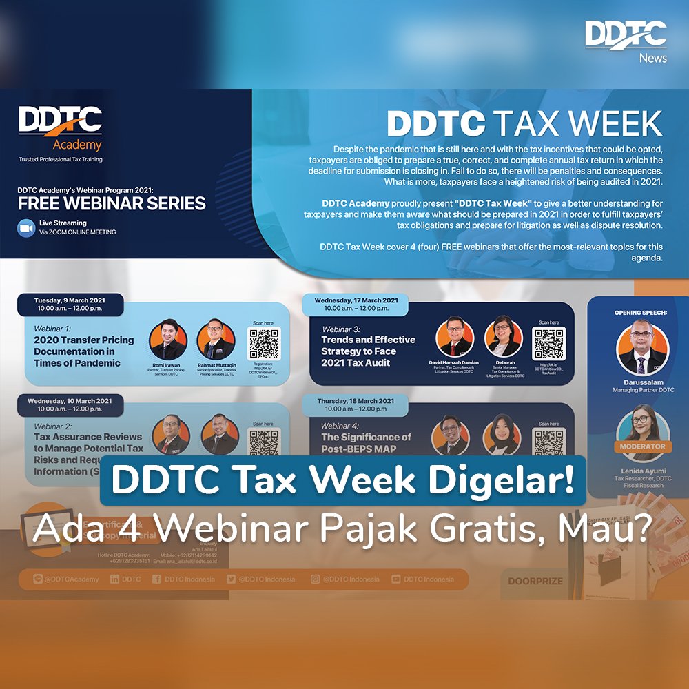 DDTCNews's tweet photo. Catat, DDTC menggelar DDTC Tax Week!
Kegiatan ini berisi rangkaian webinar yang membahas topik TP Doc, tax assurance, tax audit, dan MAP.
Tertarik? Cekinformasi selengkapnya di sini https://t.co/1ZWM8OdhCs
#agendapajak #pajak #agenda #DDTCTaxWeek #DDTCAcademy #webinarpajak https://t.co/mwDghfov7p