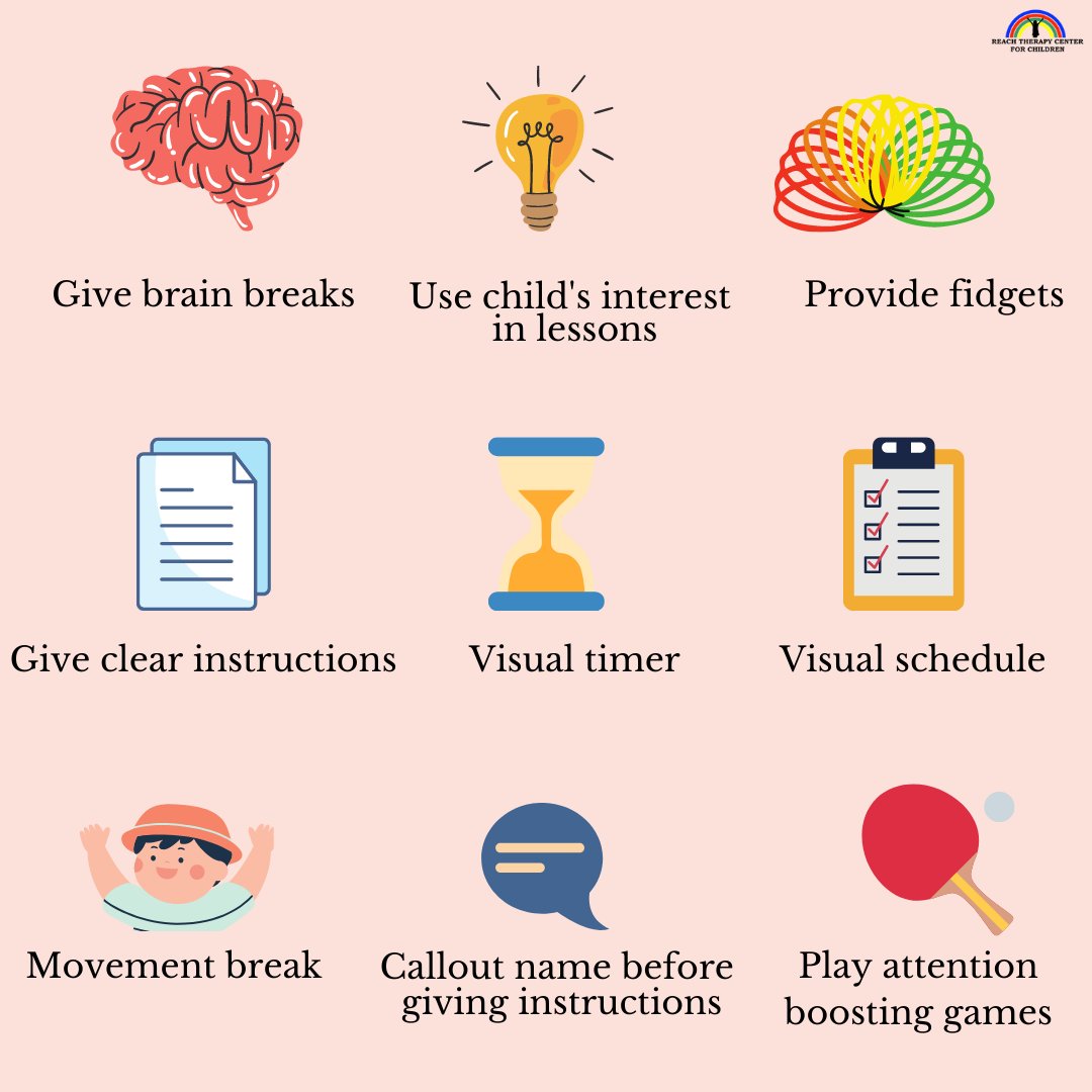 reach_therapy's tweet image. Few simple strategies for learners with attention issues.
#attention #attentionissues #attentionchallenge #ADHD #autism
#learnwithreach #awarenesswithreach #reachtherapycenterforchildren #wegotyou #rightkindoftherapy #pediatrictherapist #occupationaltherapy #occupationaltherapist