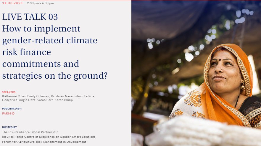 mefin_network's tweet photo. How can we implement #gender-related #climateriskfinance commitments and strategies on the ground?

Join us on this 3rd session of live talks organized by @farmd &amp; @InsuResilience 

Thu, Mar 11, 2021 2:30-4:00 pm
EU Time (Rome, GMT+1)

Register at https://t.co/Q2nsCSSNnZ 🌐 https://t.co/Hh56fbNU7D