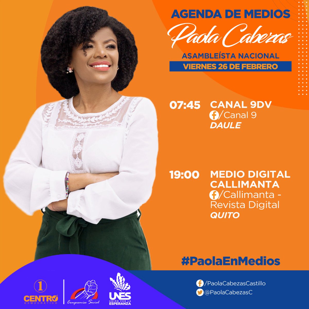 PaolaCabezasC's tweet photo. 🎙 #PaolaEnMedios | Acompáñenme a la gira de medios que tendré mañana con medios de #Daule y #Quito.
07H45 📺 #Canal9DV
19H00 📲 #Callimanta
📢 ¡Sintoniza y Comparte ! https://t.co/dctqlDakXh