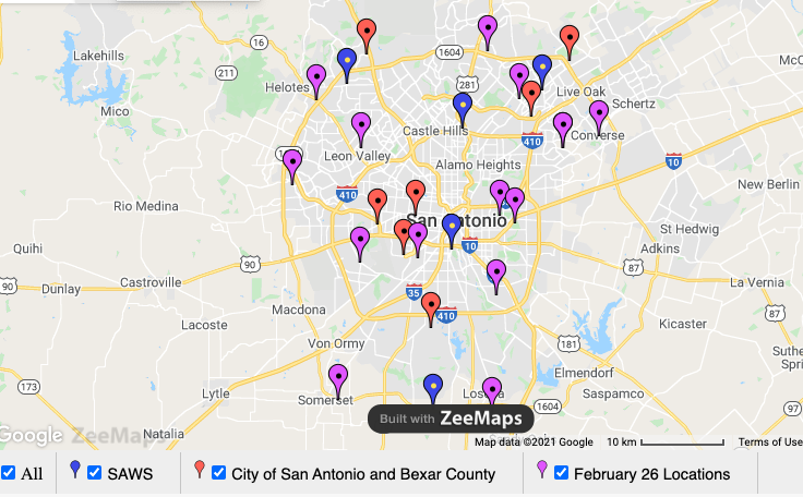 NOWCastSA's tweet photo. UPDATE: Our map of #freewater locations now shows the consolidated # of sites open tomorrow due to expected bad weather.
PURPLE markers show sites open Friday https://t.co/74mLefCUZB
#AmazingIntern #DoesItAgain https://t.co/vmoCS2Qql7