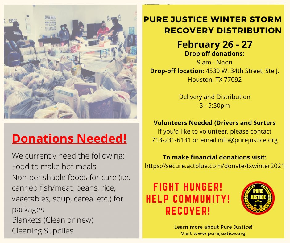PureJustice_HTX's tweet image. ‼️STARTING TOMORROW ‼️ Pure Justice delivery distribution! Helping the most vulnerable. #TexasStrong #CommunityFirst #WinterStormRelief