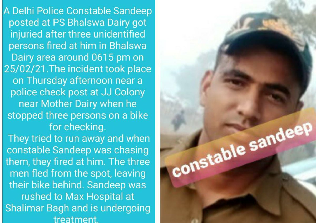 Dear Sandeep, we will all be indebted to you for your bravery.  You pursued criminals like a courageous soldier and you were injured by being shot while discharging your work. Society will never understand the pain of injured constable because we are #Thulla by <a href="/ArvindKejriwal/">Arvind Kejriwal</a>