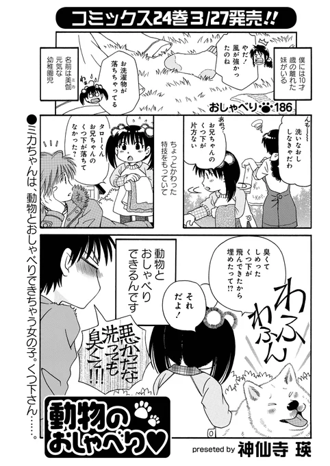「動物のおしゃべり♥」神仙寺瑛先生
風が強くて、干していた靴下が落ちちゃったみたい。美伽ちゃんが犬のタローに行方を聞いてみると……?
「動物のおしゃべり♥」最新24巻は3/27発売です!
#まんがライフ #本日発売 