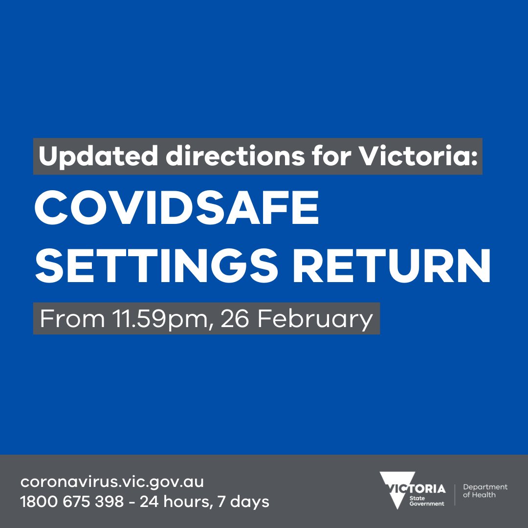 VicGovDH's tweet image. Victoria will return to previous COVIDSafe settings from 11:59 tonight. It will allow more visitors in the home, increase the number of workers back in the office &amp;amp; reduce the places where you need to wear a mask.
Read the Premier’s statement:
premier.vic.gov.au/victoria-retur… #COVID19Vic