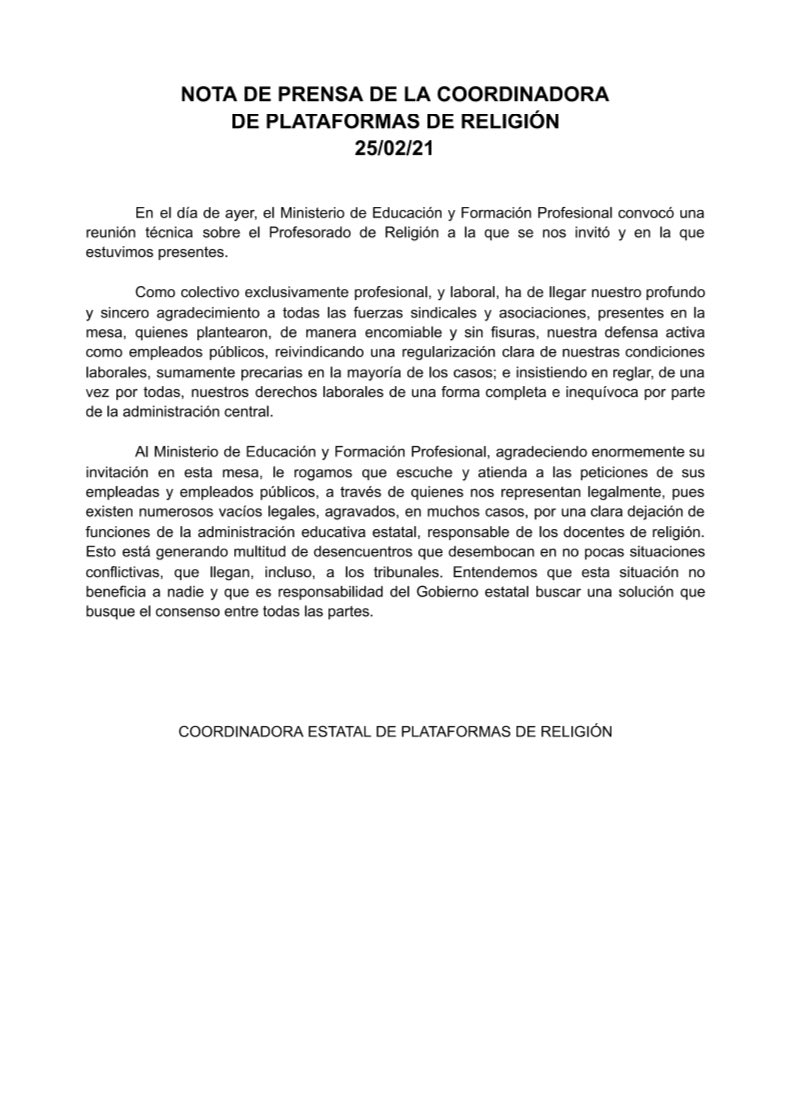 ADRExtremadura's tweet photo. Desde la Coordinadora Estatal de Plataformas de Religión, a la que pertenece ADREX, expresamos nuestro agradecimiento por la convocatoria técnica sobre el profesorado de religión y aún mantenemos la esperanza de que se reflexione y dialogue. @educaciongob @atianaf @CelaaIsabel https://t.co/x8d3x4KVLS