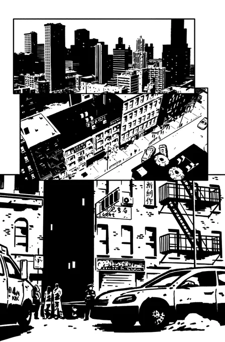 Part of some sample pages I did from a Powers script a while ago just in case I needed to look for work. I never had to send it to publishers and I probably never will, I only half like some of the things I did. Still, some of those buildings are 👌 