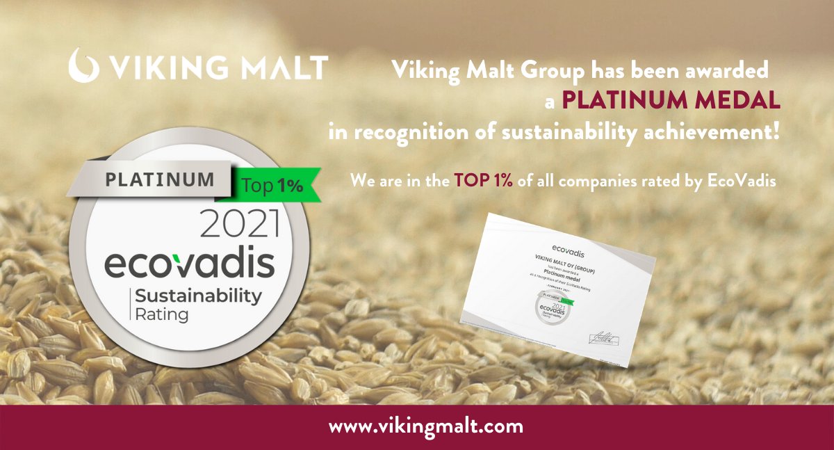 Viking Malt Group has been awarded the Platinum medal in the latest EcoVadis CSR Rating! 
Click to learn more ➡: tiny.pl/rl8zs
#vikingmalt #CSR #top1 #ecovadis #environment #sustainabledevelopment #laborandhumanrights #ethics #sustainableprocurement