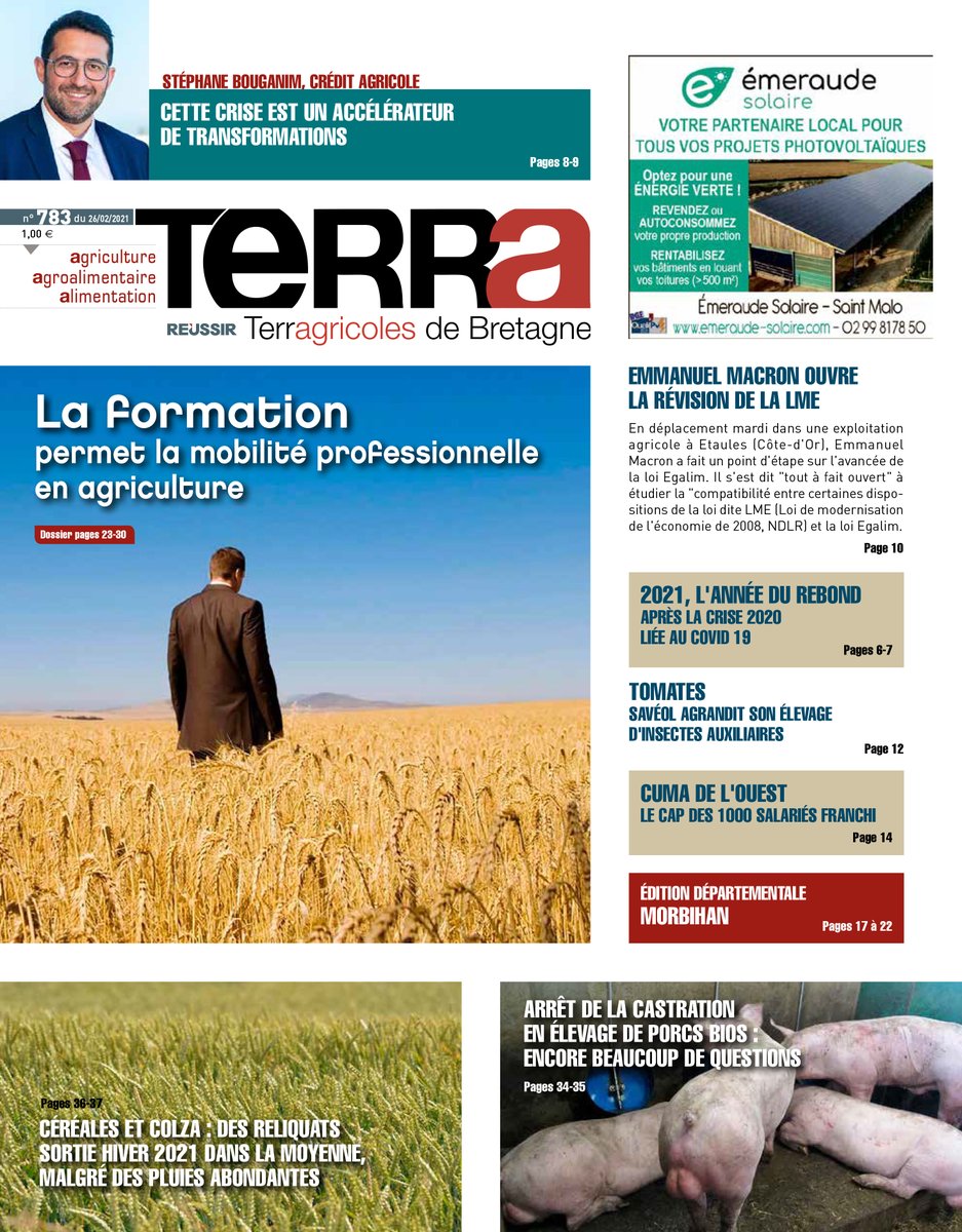 A la #Une de <a href="/TerraHebdo/">Terra Hebdo</a> ce vendredi : entretien avec <a href="/CoachBougA/">Coach B</a> du <a href="/CA_cotesdarmor/">Crédit Agricole 22</a> "Cette crise est un accélérateur de transformations". Un dossier #Formation et mobilité professionnelle, la ferme à insectes de #Savéol,   les <a href="/FRcumaOuest/">cuma de l'Ouest</a> qui passent le cap des 1000 salariés...