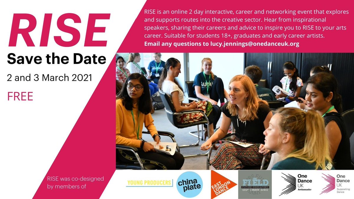 Co-designed by some of our #YoungProducers &amp; members from <a href="/_TheFIELD/">The Fi.ELD</a> <a href="/YourOldChina/">China Plate</a> &amp; <a href="/OneDanceUK_Rep/">One Dance UK Dance Ambassadors</a> <a href="/onedanceuk/">One Dance UK</a>, RISE is a free 2 day career &amp; networking event (2 &amp; 3 March) that explores routes into the creative sector. BOOK HERE: bit.ly/RISEInfoTickets #RISECreativeCareers