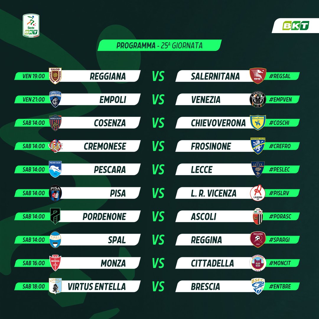 Lega_B's tweet photo. 📌⚽ It's Matchday!

Si torna in campo questa sera con l'anticipo della 25^ giornata della #SerieBKT!

Quale sarà il tuo match da non perdere? https://t.co/L3kUcidrFY