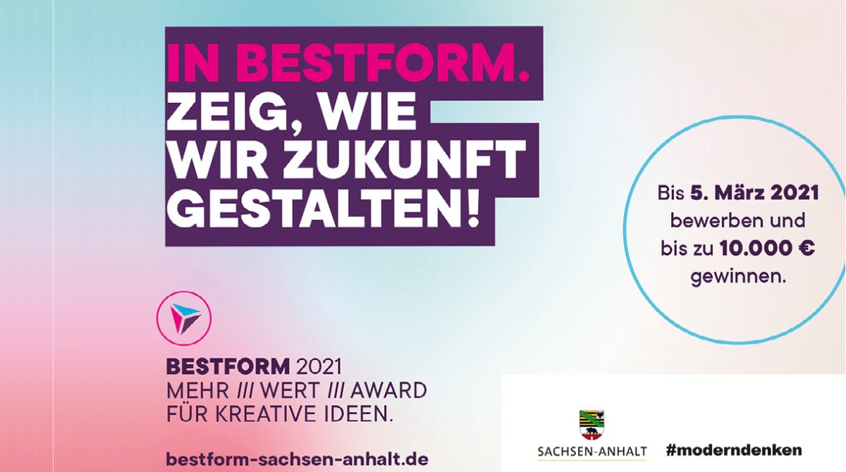🗓️Nur noch eine Woche bis Bewerbungsschluss: Zeigen Sie, wie vielfältig kreative Ideen aus #SachsenAnhalt sind – wie Sie Produkte&amp;Prozesse optimieren, Herausforderungen anpacken, die digitale Welt nutzen oder im Kleinen Veränderungen bewirken! #BESTFORM

ℹ️kreativ-sachsen-anhalt.de/bestform/anmel…
