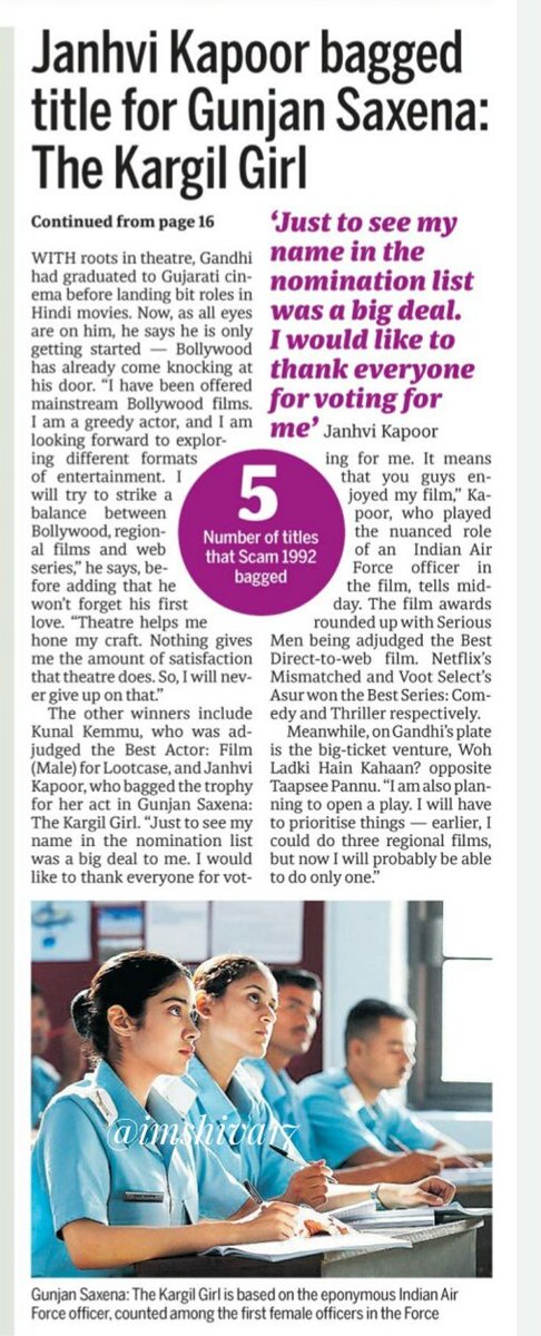 SCAN- #JanhviKapoor bagged title the Best Actor - Film (Female) for 
#GanjanSaxena : TheKargilGirl 😍 

Via @mid_day