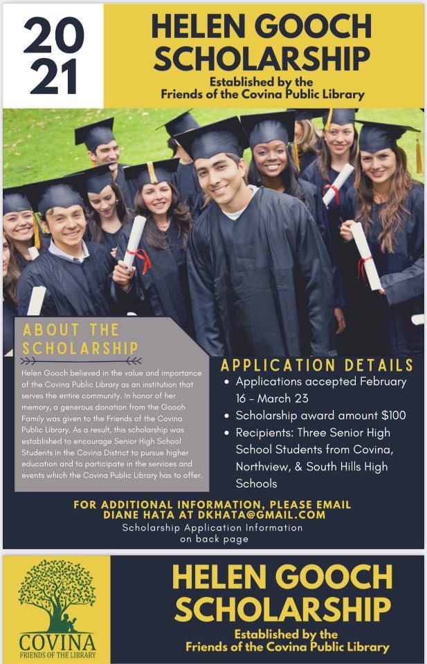 CovinaHighPTSA (@covinahighptsa) on Twitter photo Class of 2021: Scholarship Opportunity Alert! The Helen Gooch Scholarship was established by the Friends of the Covina Public Library. Applications are due March 23rd. Good luck! @covina2021 <a href="/CovinaColts/">Covina High School</a> <a href="/CHS_Colts_CCC/">Covina High College and Career Center</a> Class of 2021: Scholarship Opportunity Alert! The Helen Gooch Scholarship was established by the Friends of the Covina Public Library. Applications are due March 23rd. Good luck! @covina2021 <a href="/CovinaColts/">Covina High School</a> <a href="/CHS_Colts_CCC/">Covina High College and Career Center</a>