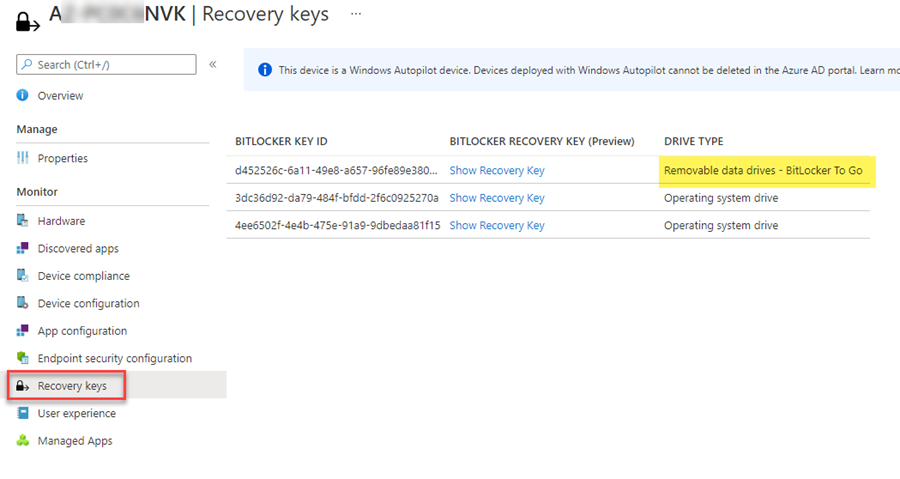 Escrow #BitLocker recovery keys for Removable drives into #Intune
manage-bde.exe -protectors -aadbackup -id {GUID}