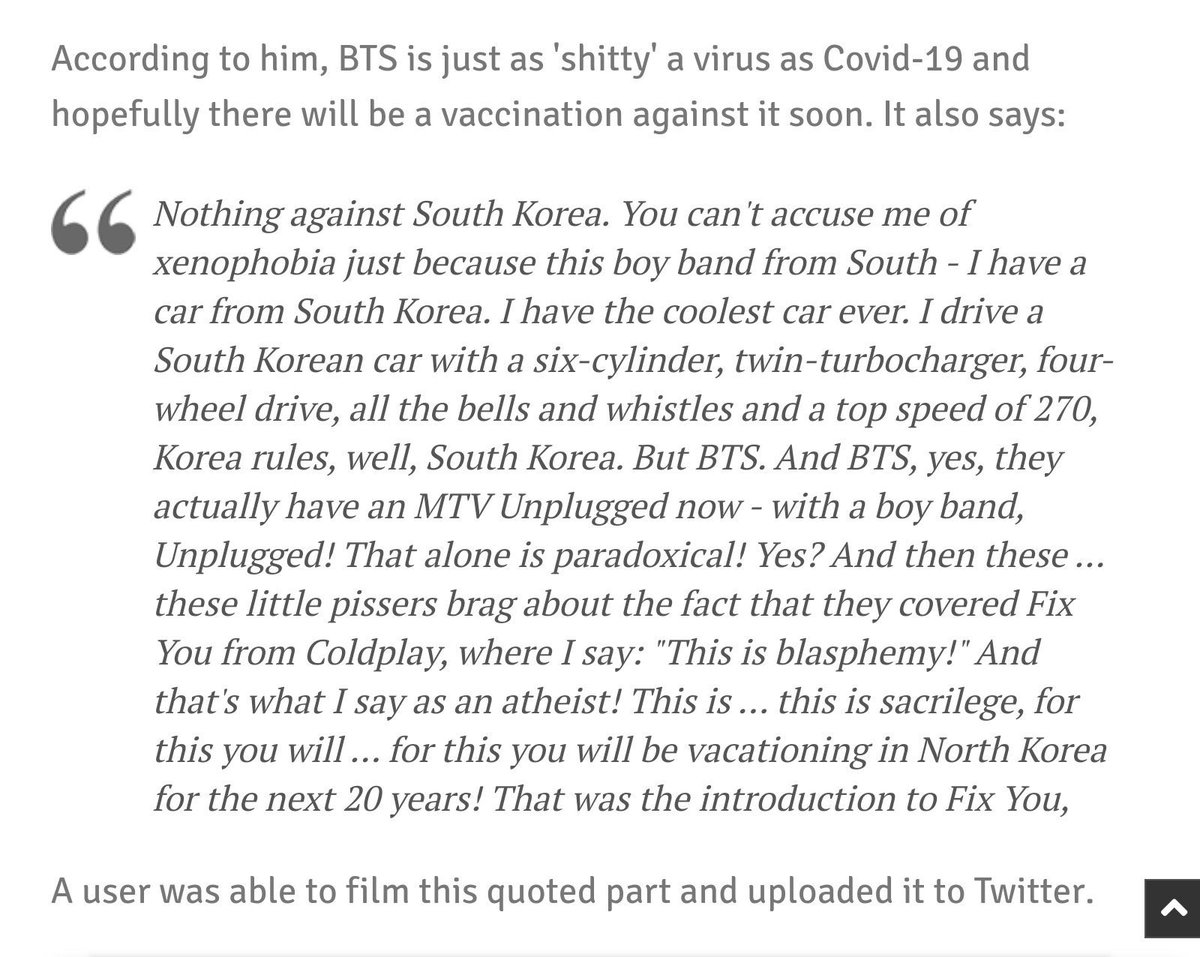JK_Glitters's tweet photo. Racist humor? Absolutely disgusted. Freedom of speech is not some pass for racist to spread their racist propaganda. Your words, right here are already a form of violence. Racism is not an opinion. Apologize to BTS. 

#Bayern3Apologize
#Bayern3Racist 
#RassismusBeiBayern3 https://t.co/mLbqUZZBSf