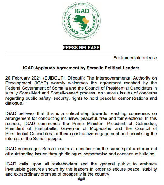 #IGAD warmly welcomes the agreement reached by the Federal Gov of Somalia &amp; the Council of Presidential Candidates in a truly Somali-led and Somali-owned process, on various issues of concerns regarding public safety, security, rights to hold peaceful demonstrations and dialogue.