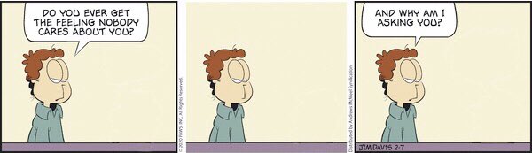 Jon pays close attention to his hopeless feelings (his only constant companions), because there is no one else around to notice them. #garfield #comics #garfieldcomics #garfieldminusgarfield #existentialism