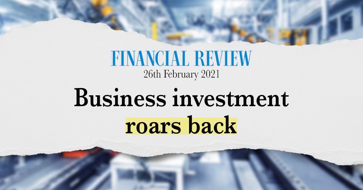 JoshFrydenberg's tweet photo. The latest ABS data shows a strong rebound in business investment, with businesses taking advantage of the Morrison Govt’s instant asset write off. 

With more jobs &amp; more investment, Australia’s economic recovery is well underway. https://t.co/zIG2guiS23