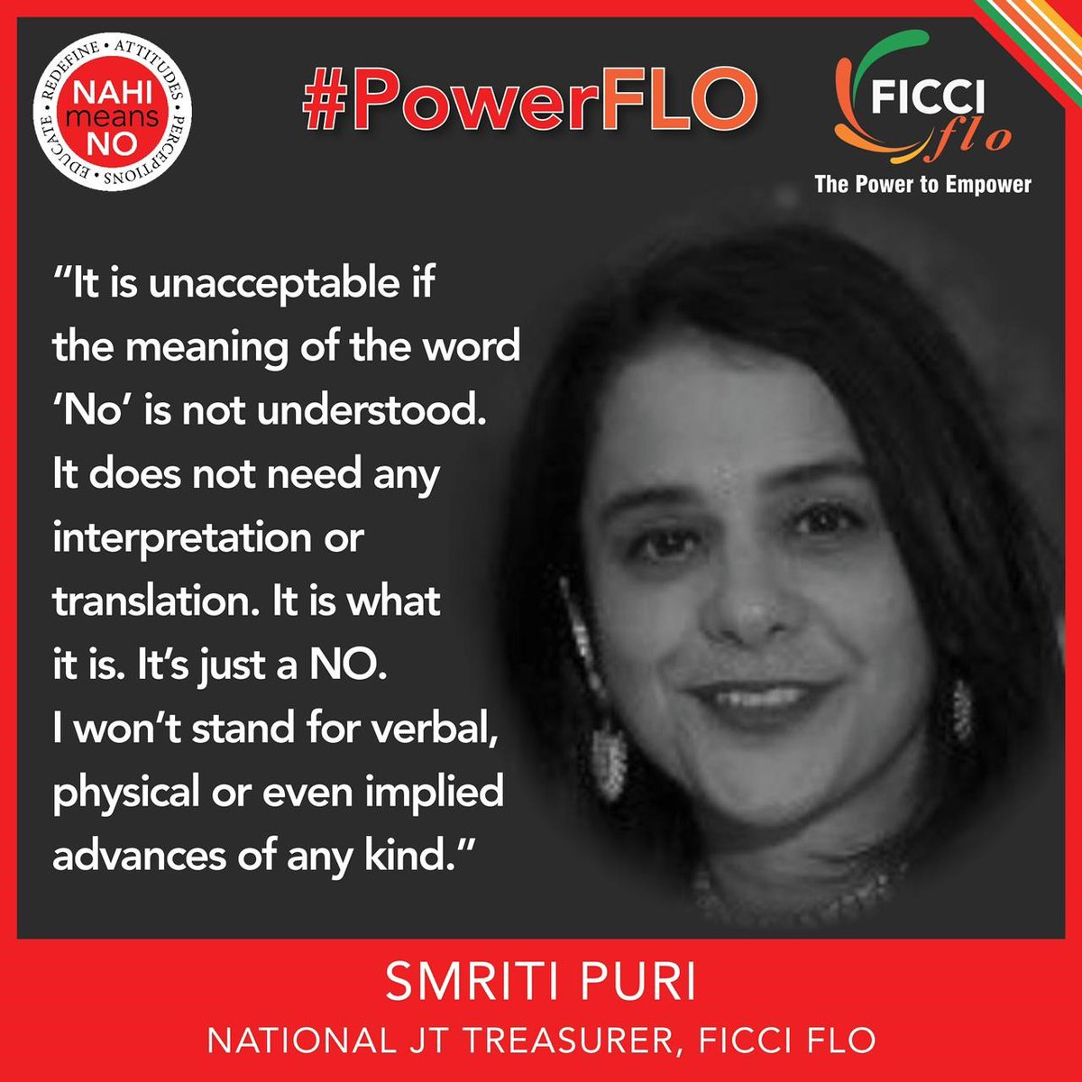 FICCIFLO's tweet photo. “We want to live. All of Us.” 

Smriti Puri, National Jt. Treasurer, FLO, raising her voice in unison against Gender-Based Violence, with @nahimeansno. #PowerFLO #OneFLO #NahiMeansNo #GenderEquality #FicciFLO #SayNo #EmpoweringWomen #BreaktheSilence #JoinTheMovement #SpeakUp https://t.co/MhUzyFzKjm