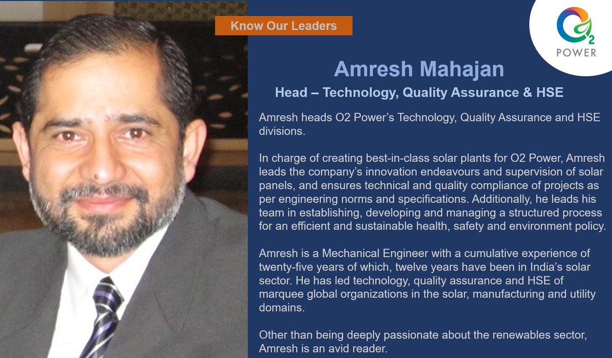 #KnowOurLeaders
Meet Amresh Mahajan. An extremely respected professional in the industry, he heads our Technology, Quality Assurance & HSE divisions.
#meetourpeople #meetourleaders #meetourteam #renewableenergy #renewables #solarpower #greentech #cleantech #aatmanirbharbharat