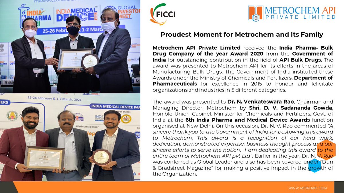 MetrochemAPI's tweet photo. Congratulations to Dr. N V Rao &amp; Family. A proud day for all of us indeed. We thank all the stakeholders through our journey.
#metrochem #IndiaPharmaBulkDrugCompanyoftheyearAward2020 #thankyou #Congratulations https://t.co/r2WzKF9VAM