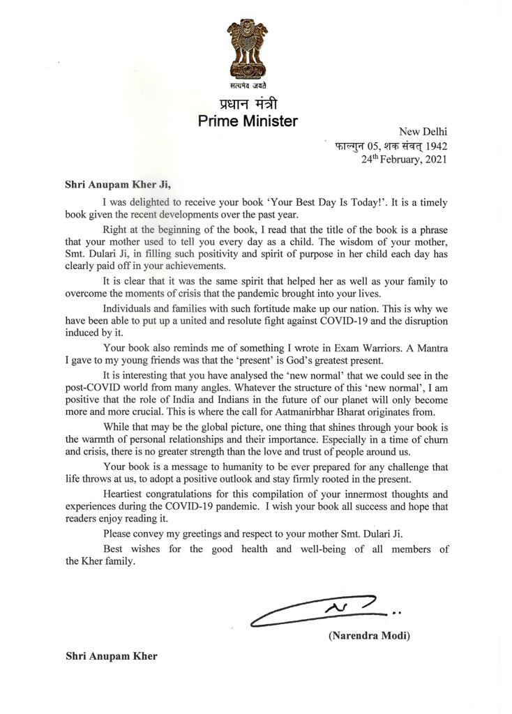 Hon. PM <a href="/narendramodi/">Narendra Modi</a> ji ! Thank you for this beautiful &amp; encouraging letter about my book #YourBestDayIsToday. I feel honoured &amp; humbled! You are really an inspirational leader! May you continue to lead us for years. My mother her sends blessings! Your letter is my treasure! 🙏