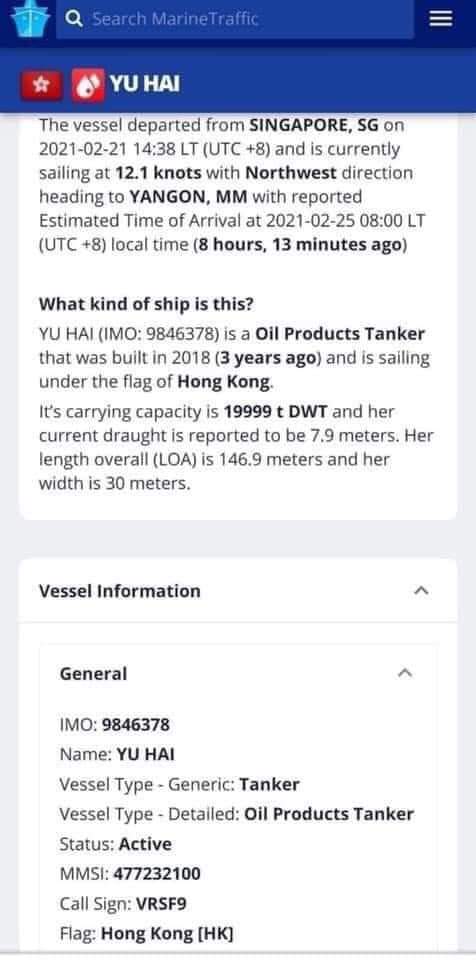Singapore government is supporting Myanmar military.The oil tanker from Singapore arrived Myanmar.The oil reserve should be out in 2 months which can give upper hands for demonstrators.But,Singapore helps to extend dictatorship period in MYN.
#Feb25Coup 
 #WhatsHappeningInMyanmar
