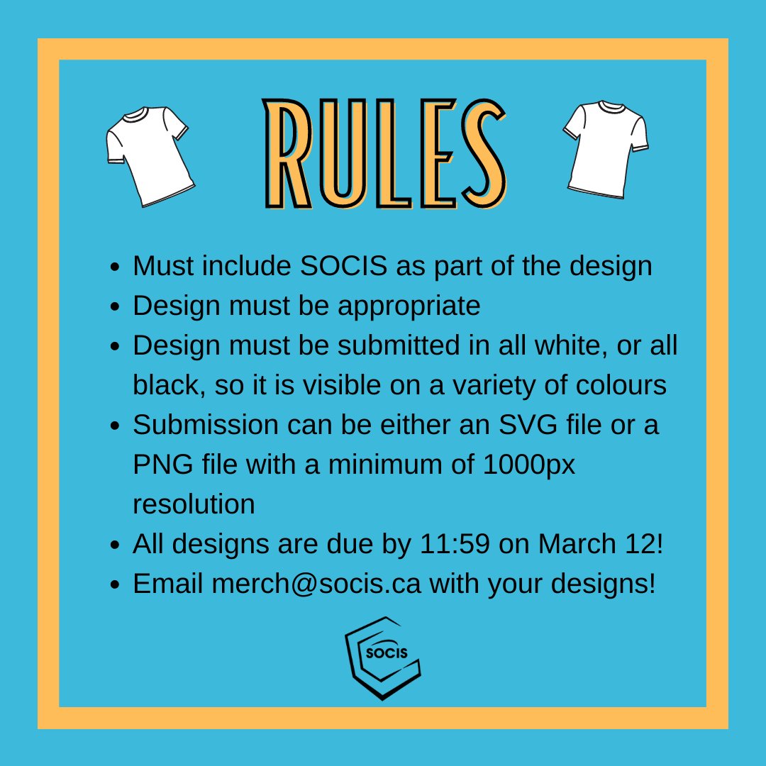 uogsocis's tweet photo. 💻 Want your design on a hoodie? Or a water bottle? How about a nifty lil mask? Or magnets for your mini - fridge?
SOCIS Merch is officially open and looking for designs! Got an idea in mind for this year's merch? Go ahead and submit it to us at merch@socis.ca ! https://t.co/YGlf7X3QVi