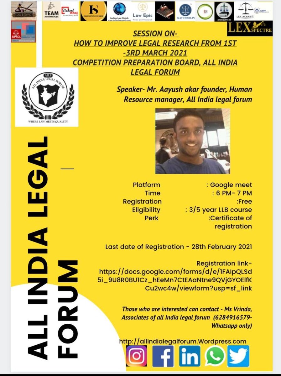 AILF_2020's tweet photo. Competition Preparation Board of All India Legal Forum is going to conduct a session on “How to Improve Legal Research” dated 01 March 2021 to 03 March 2021.
Kindly check the poster for more details
#Legal #Research #Guide #Session #01March #03March #Insight #AllIndiaLegalForum https://t.co/1Z1itutXfZ